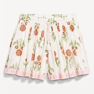 Old Navy White Floral High-Waist Drawstring Shorts with Pink Trim